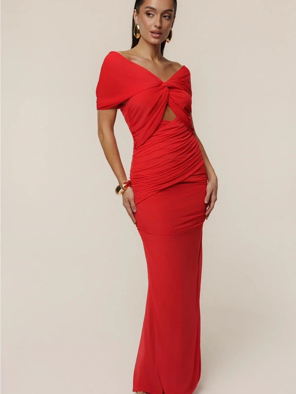 JLUXLABEL Red Strapless Ruched Maxi Dress